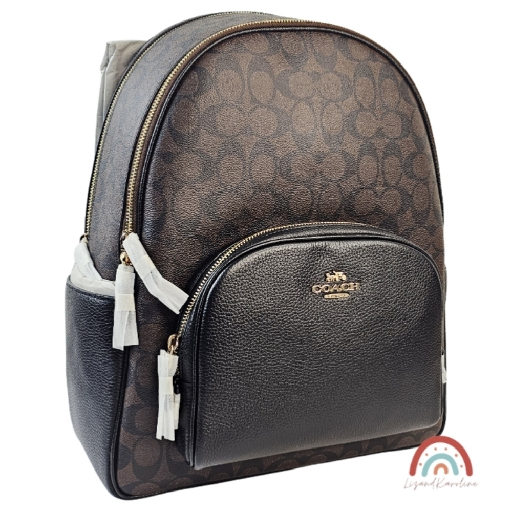 New! Coach Large Court Backpack in Signature Canvas Leather Gold Brown Black - Picture 6 of 16
